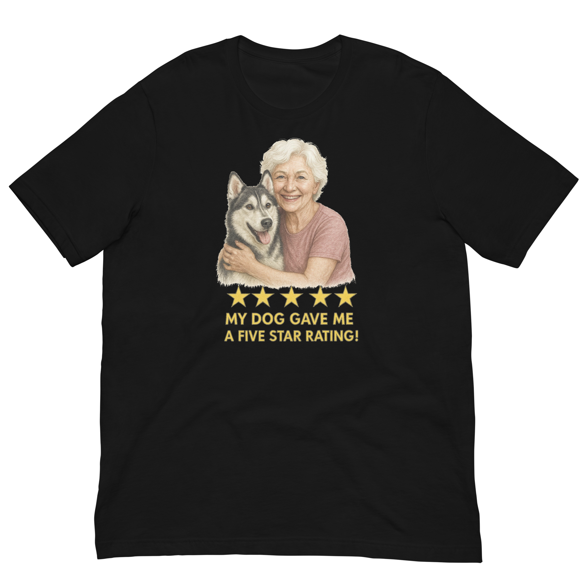 White Hair Woman with Alaskan Husky graphic tee.