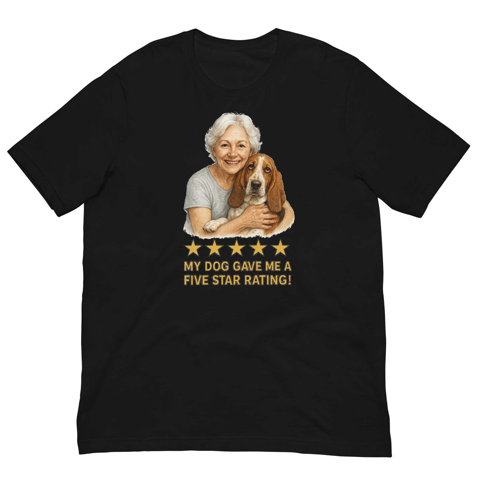 White Hair Woman with Basset Hound graphic tee.