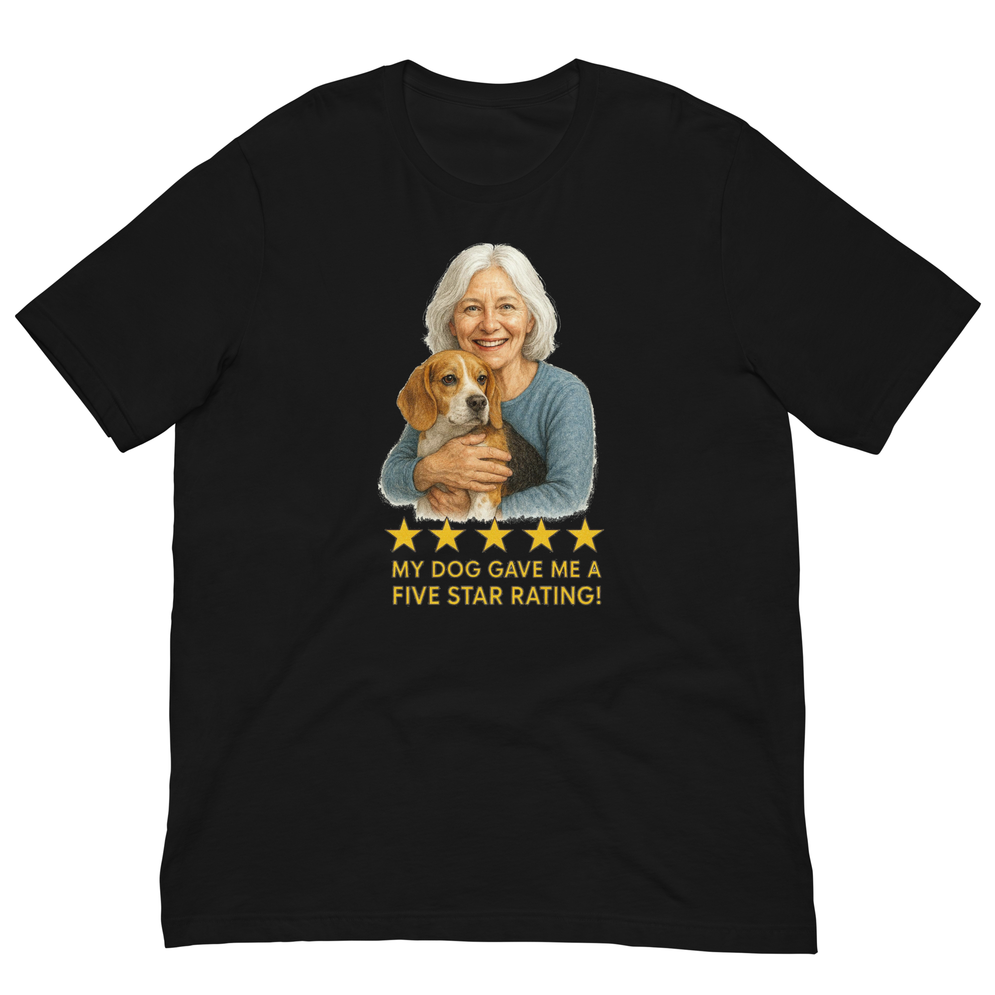 White Hair Woman with Beagle graphic tee.