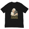 White Hair Woman with Black Labrador graphic tee.