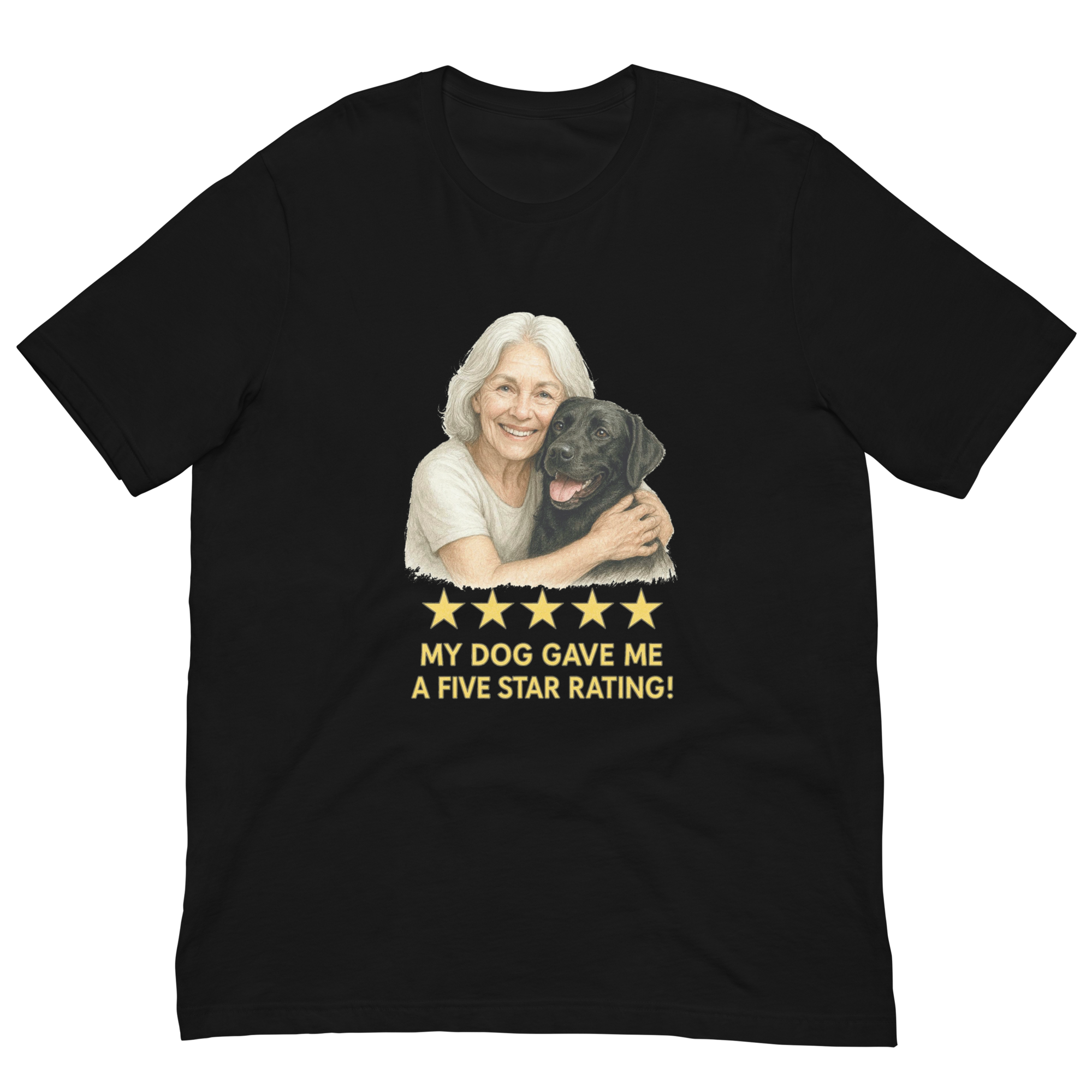 White Hair Woman with Black Labrador graphic tee.