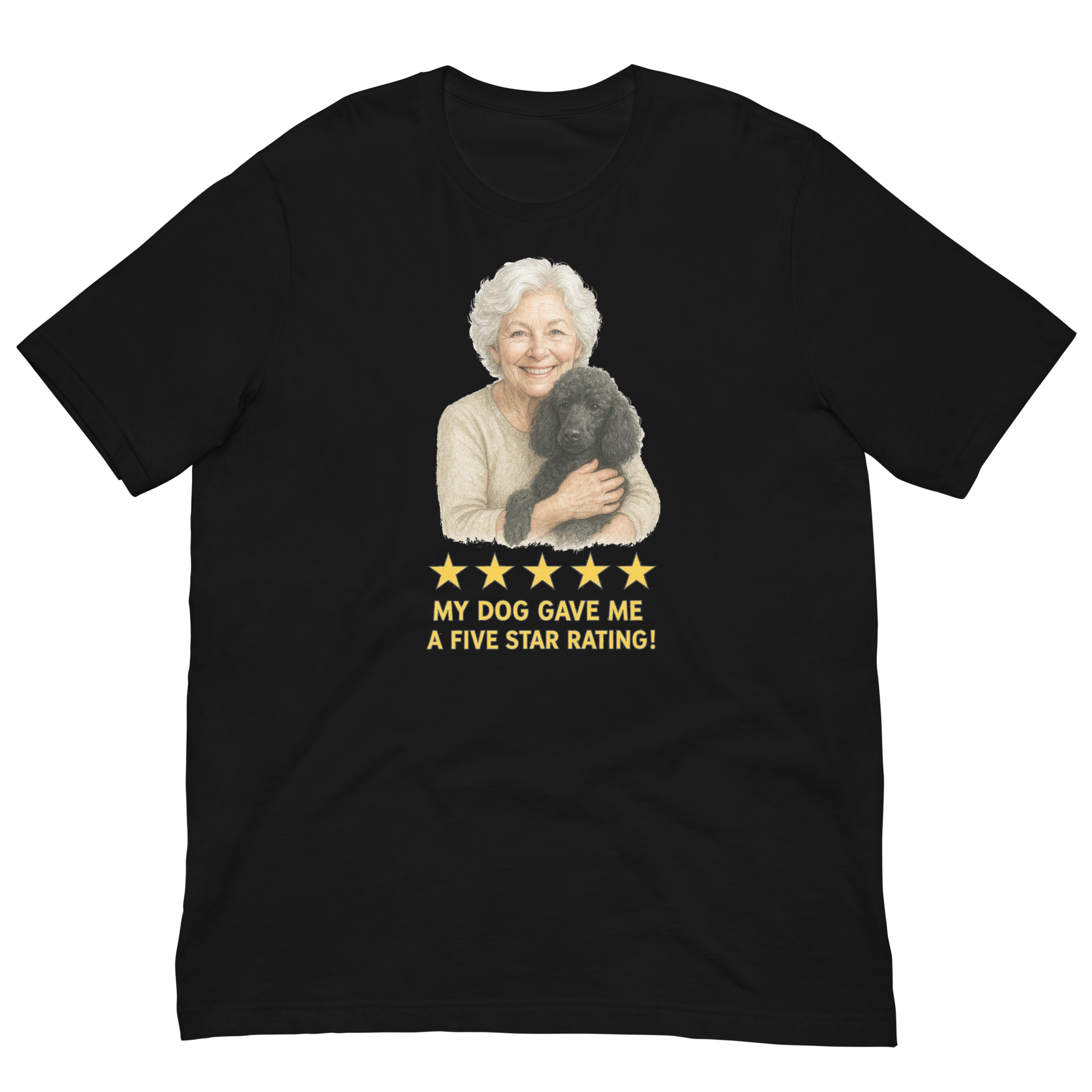 White Hair Woman with Black Poodle graphic tee.