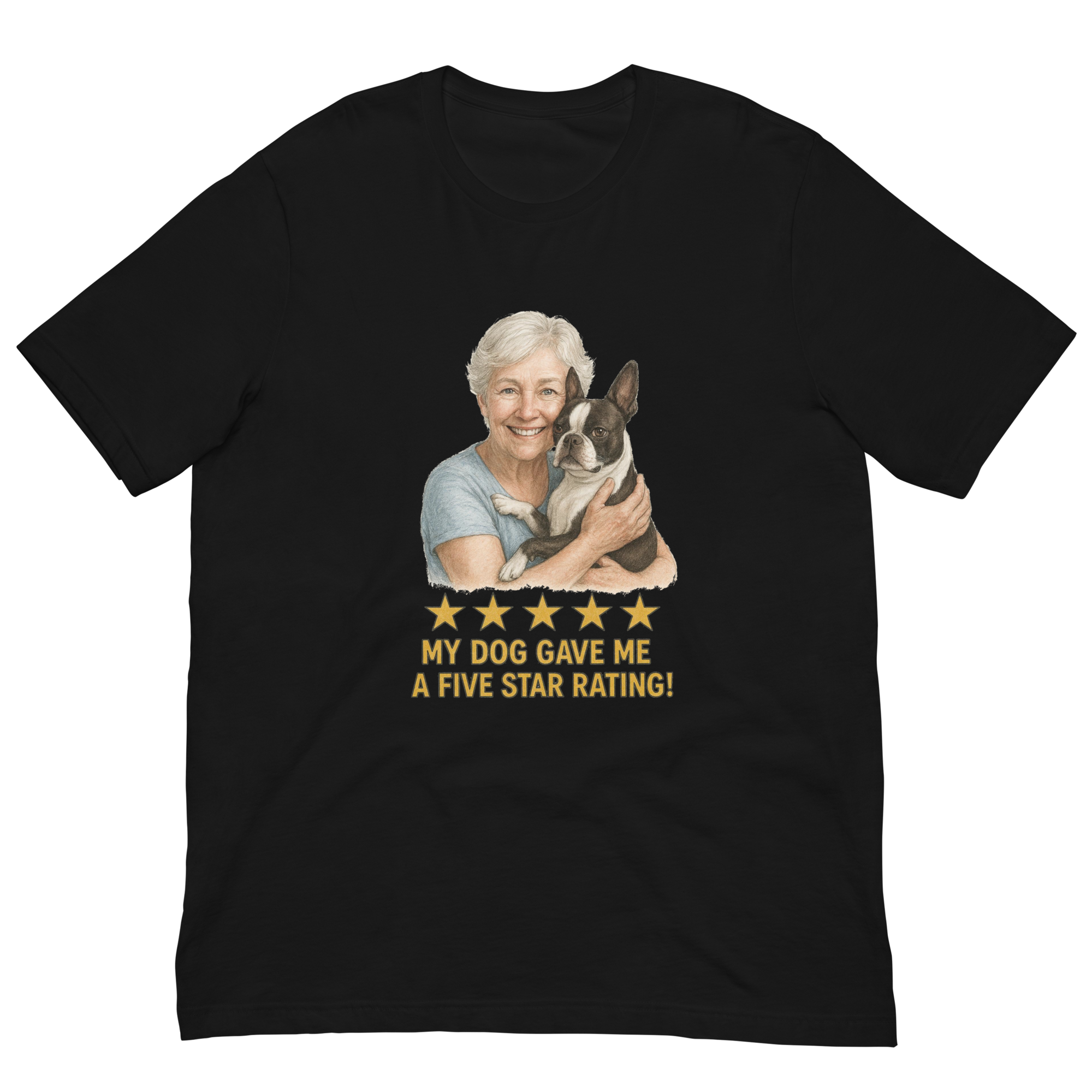 White Hair Woman with Boston Terrier graphic tee.