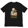 White Hair Woman with Boxer graphic tee.