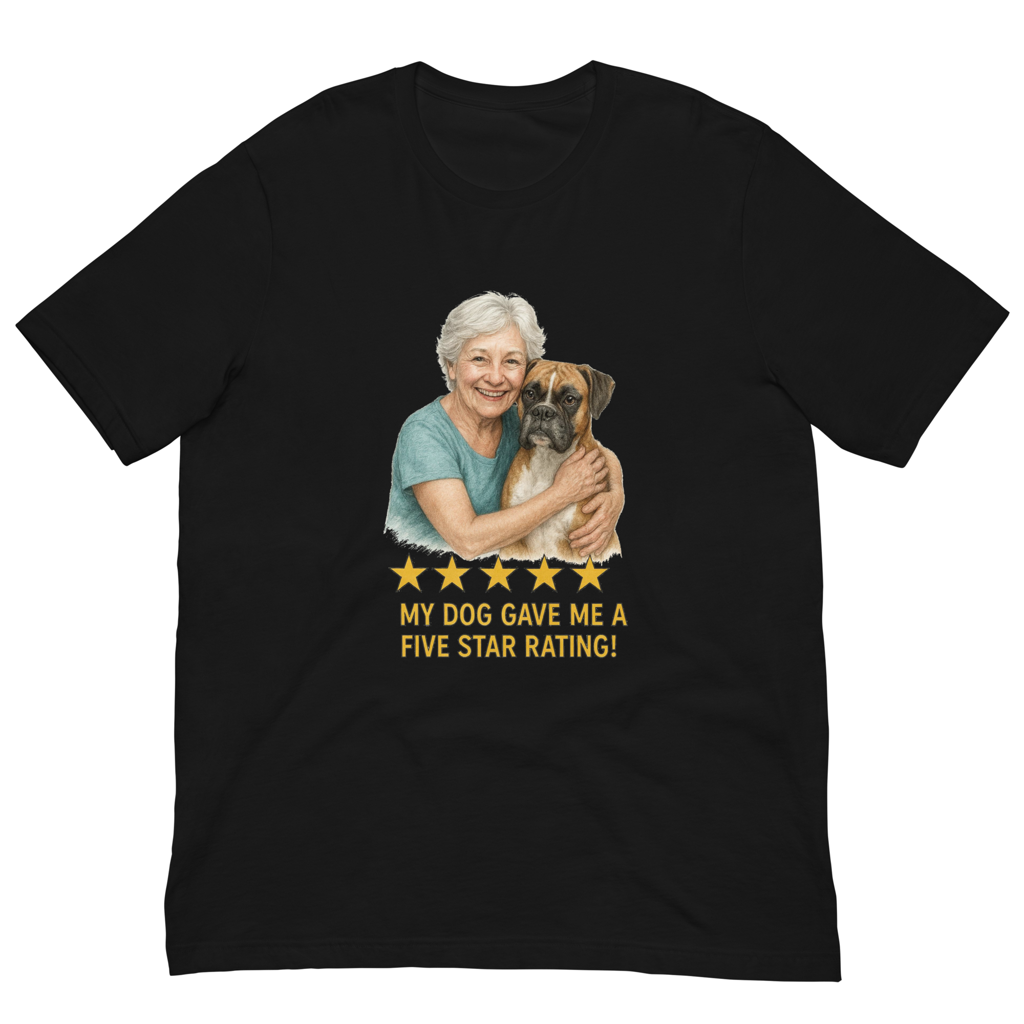 White Hair Woman with Boxer graphic tee.