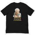 White Hair Woman with Brown Poodle graphic tee.
