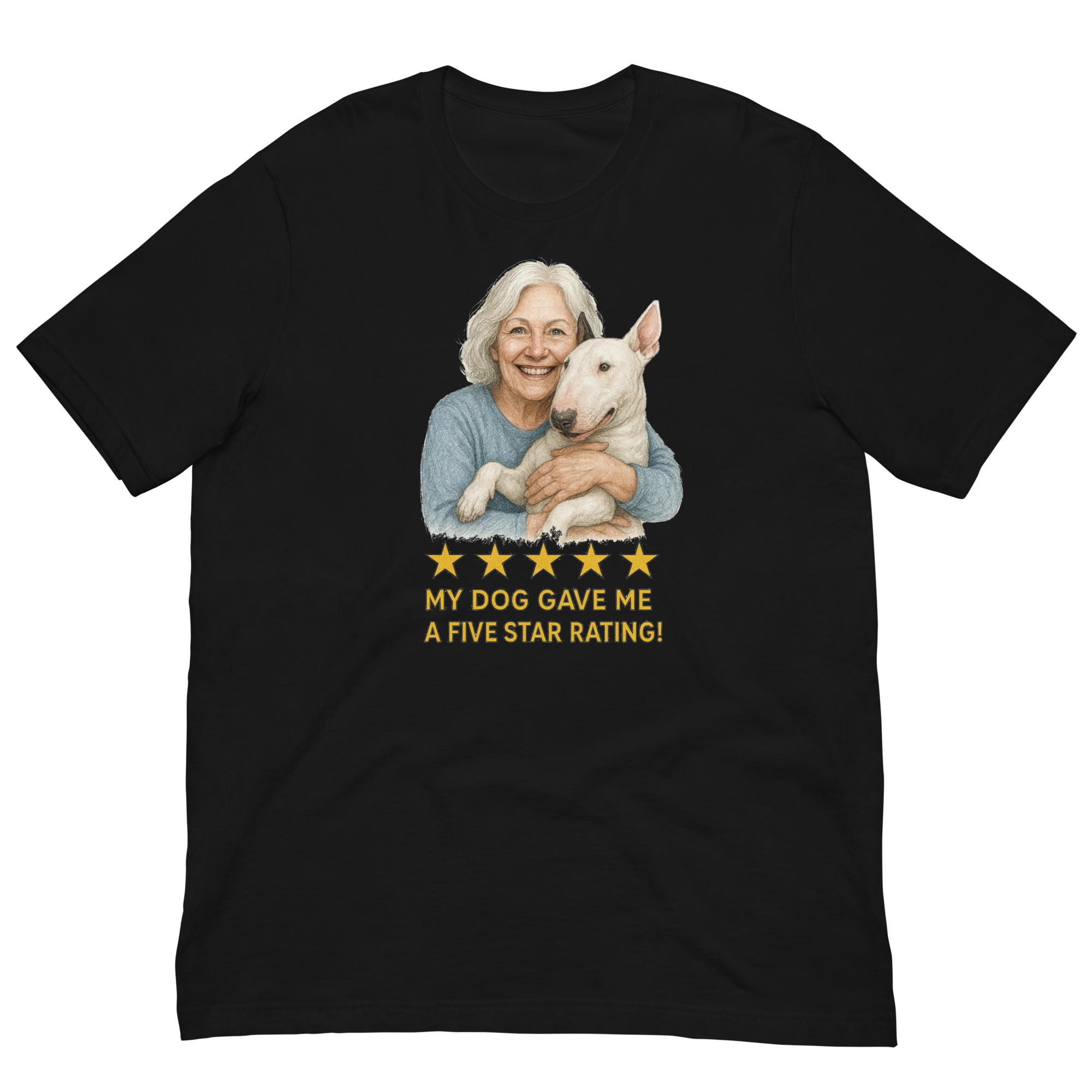 White Hair Woman with Bull Terrier graphic tee.