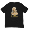 White Hair Woman with Bulldog graphic tee.