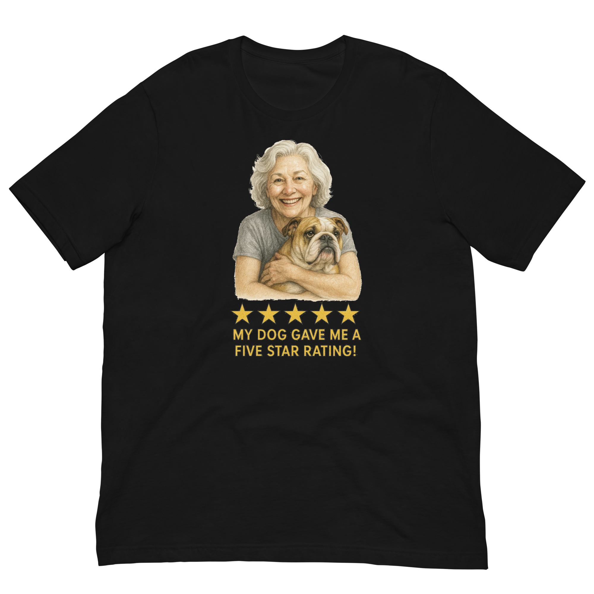White Hair Woman with Bulldog graphic tee.