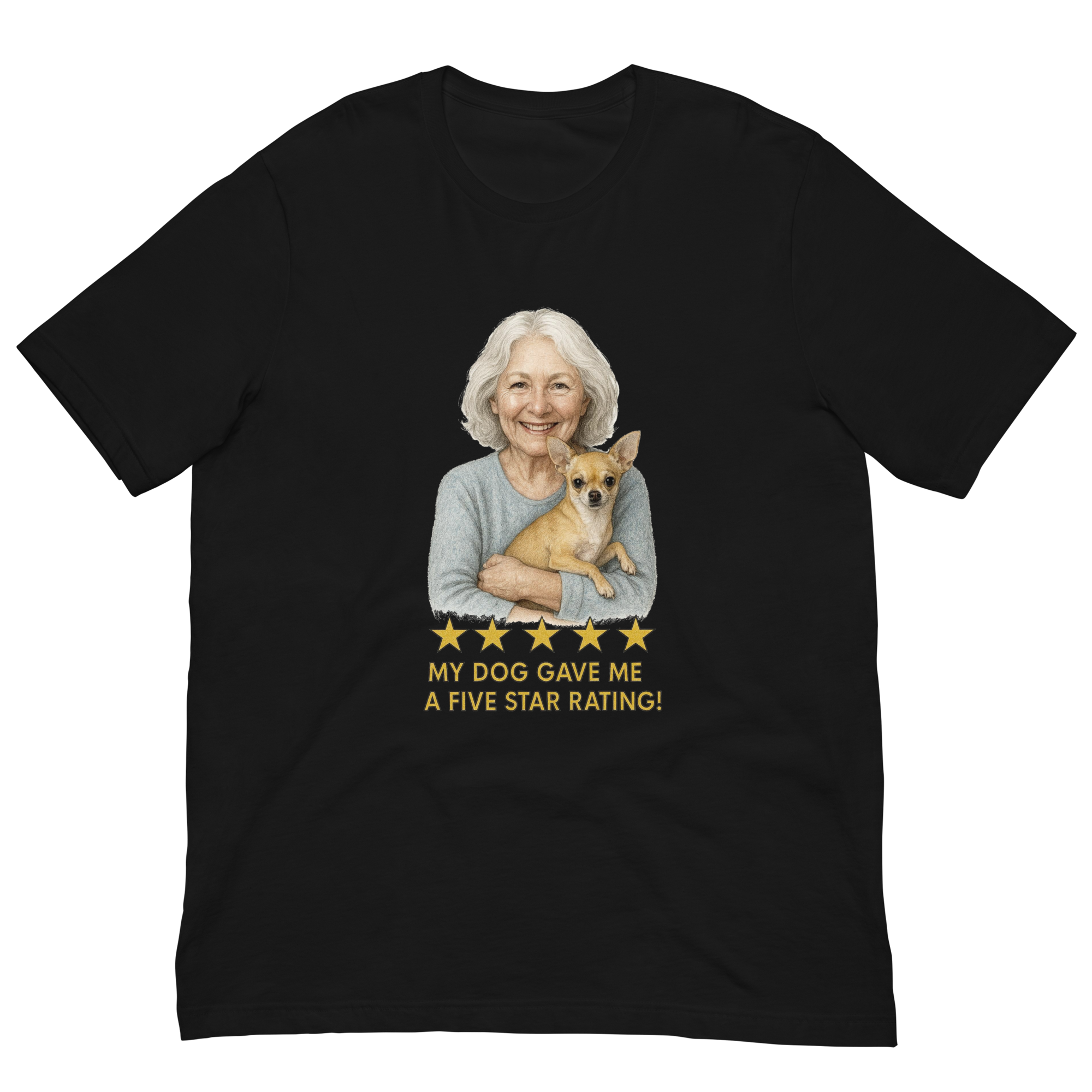 White Hair Woman with Chihuahua graphic tee.