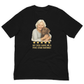 White Hair Woman with Chocolate Labrador graphic tee.