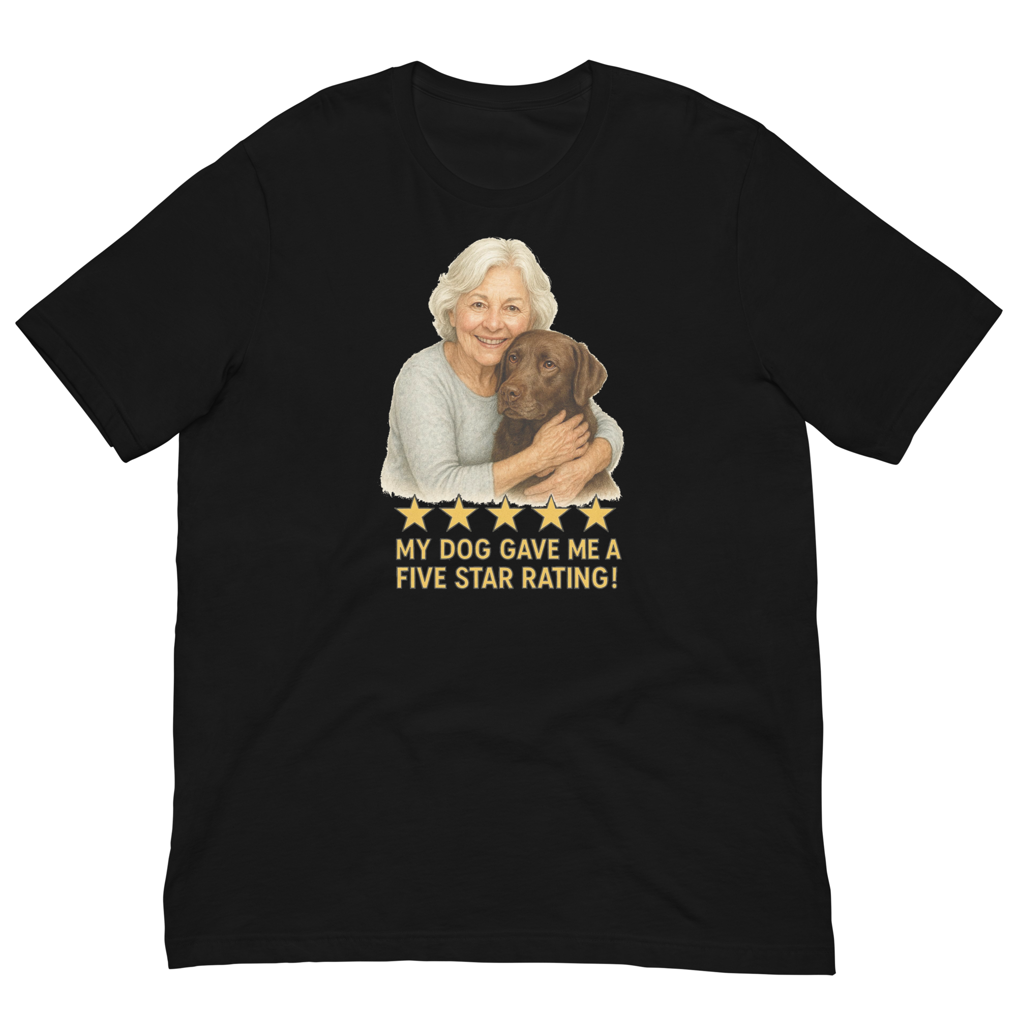 White Hair Woman with Chocolate Labrador graphic tee.