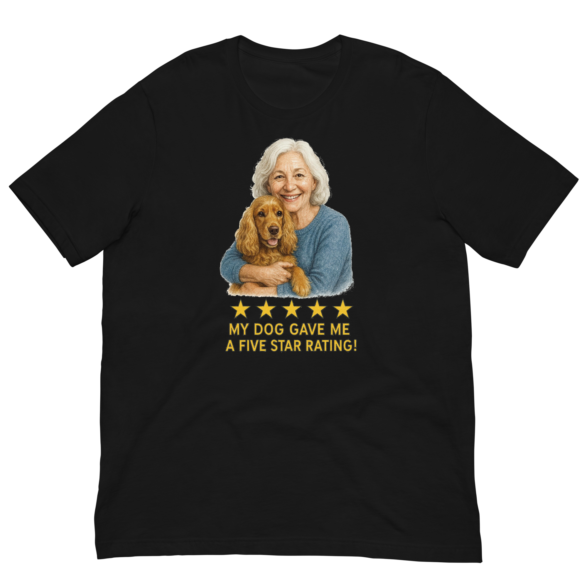 White Hair Woman with Cocker Spaniel graphic tee.