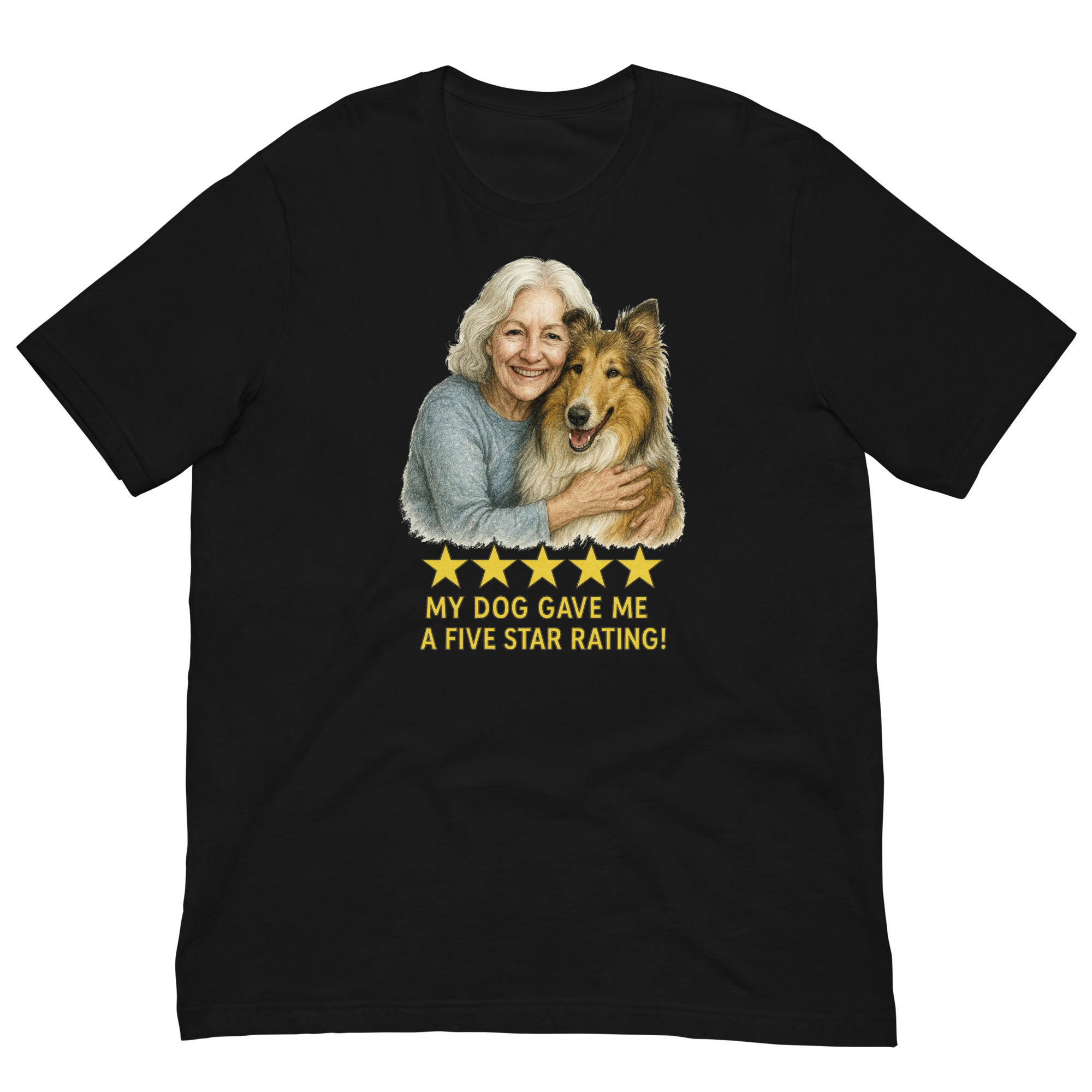 White Hair Woman with Collie graphic tee.