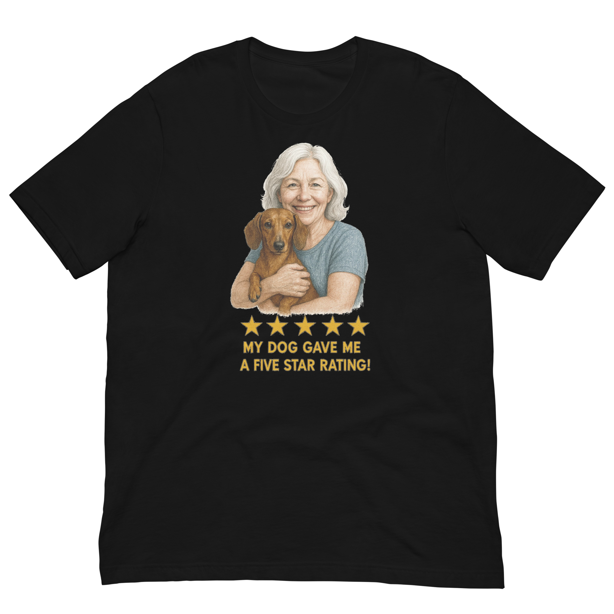 White Hair Woman with Dachshund graphic tee.
