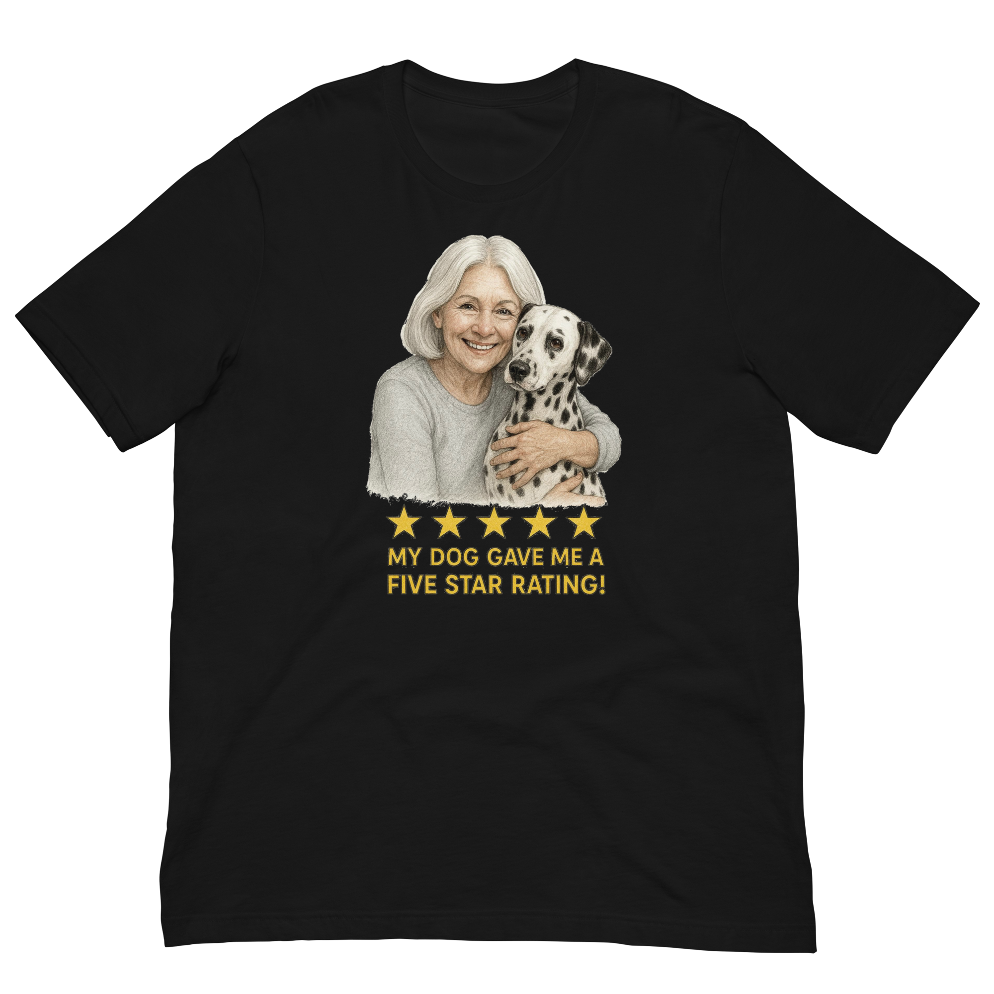 White Hair Woman with Dalmatian graphic tee.