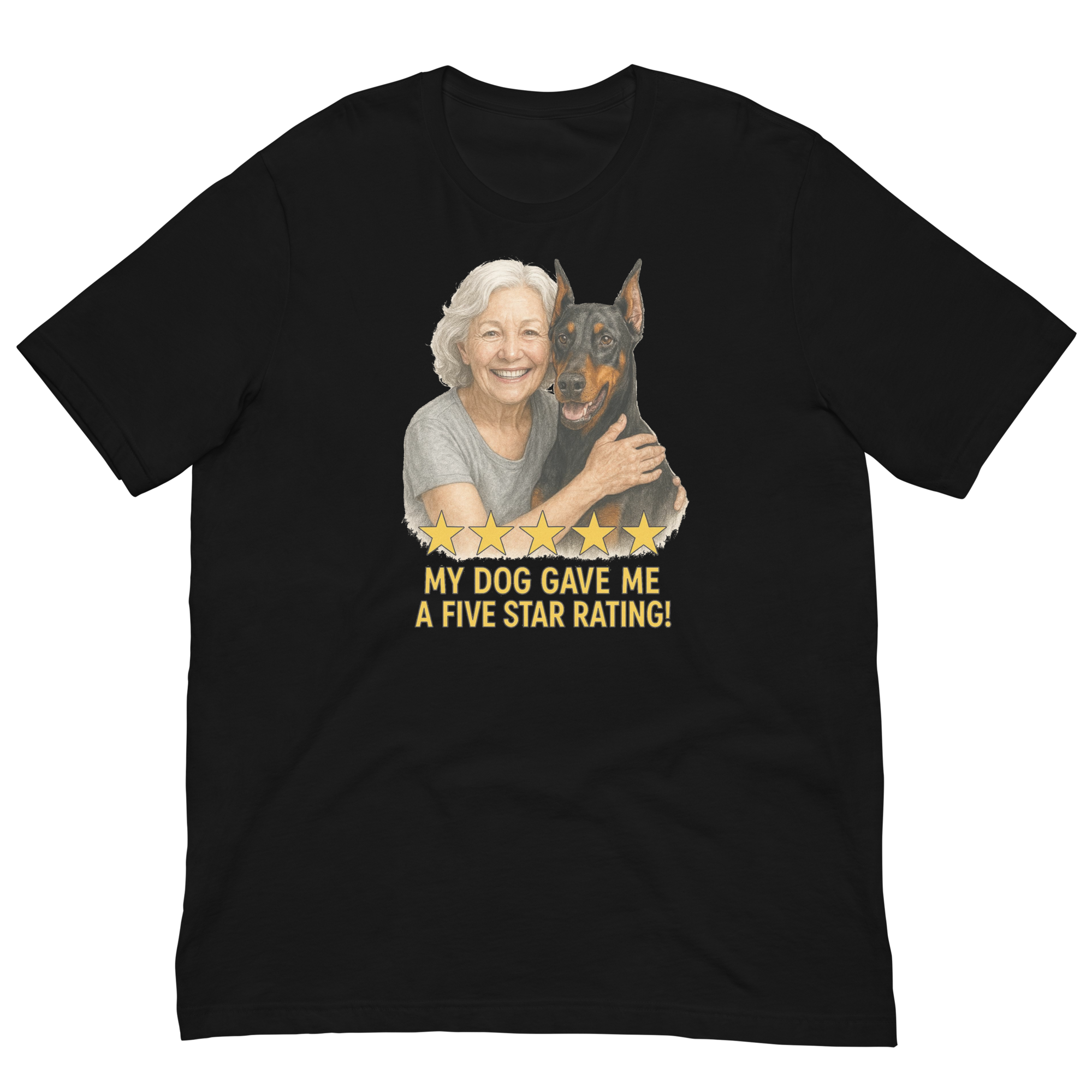 White Hair Woman with Doberman Pinscher graphic tee.