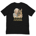 White Hair Woman with German Shepherd graphic tee.