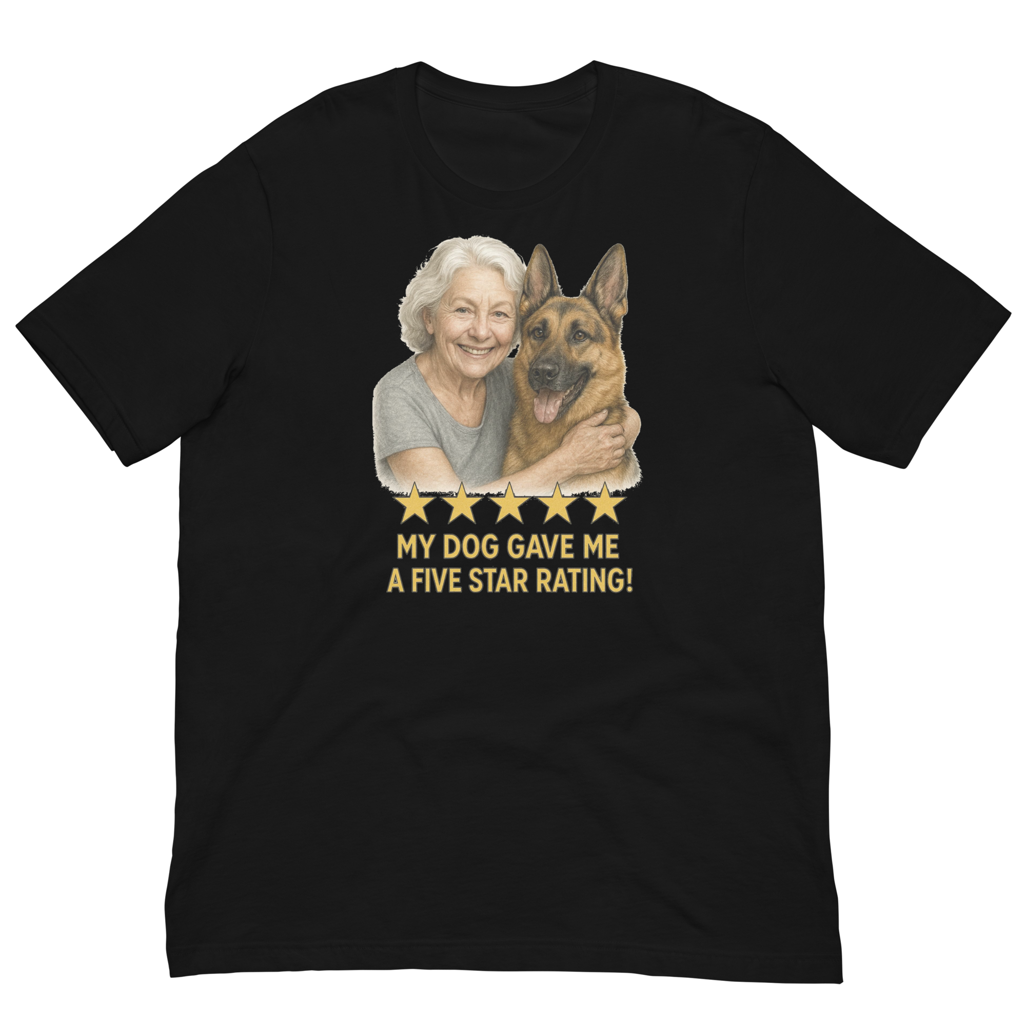 White Hair Woman with German Shepherd graphic tee.