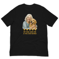 White Hair Woman with Golden Retriever graphic tee.