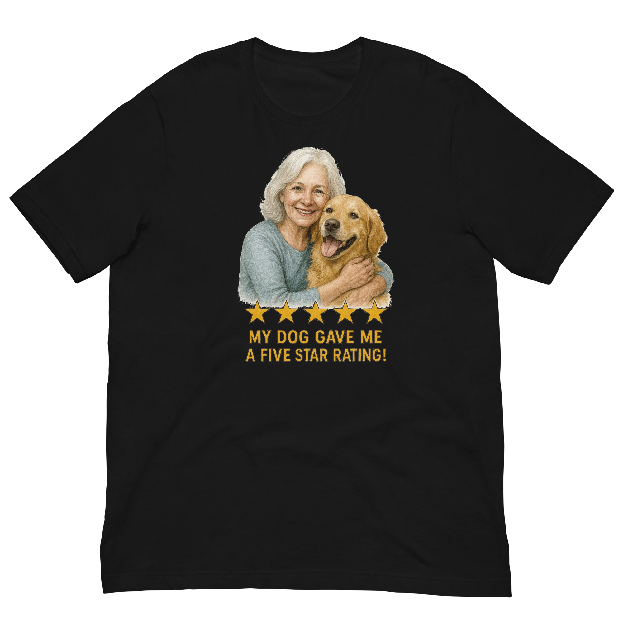 White Hair Woman with Golden Retriever graphic tee.
