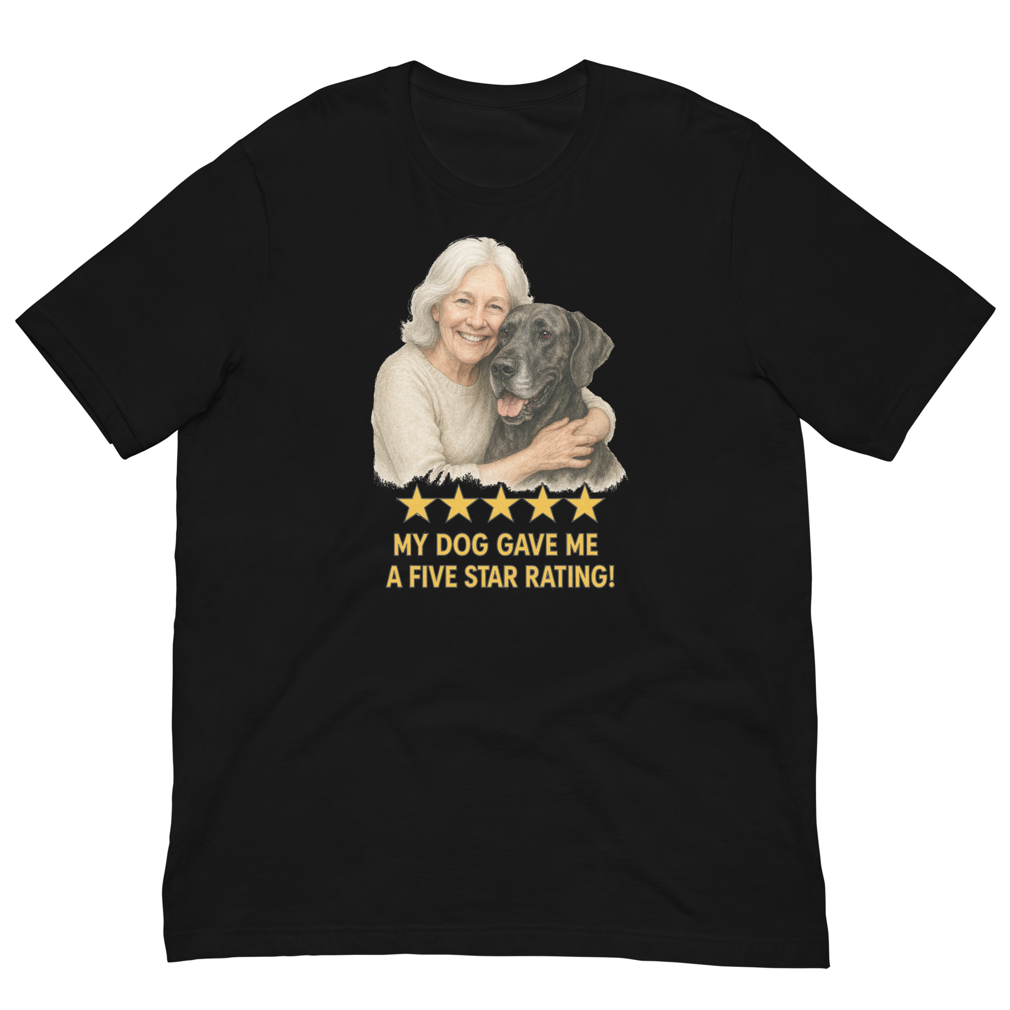 White Hair Woman with Great Dane graphic tee.
