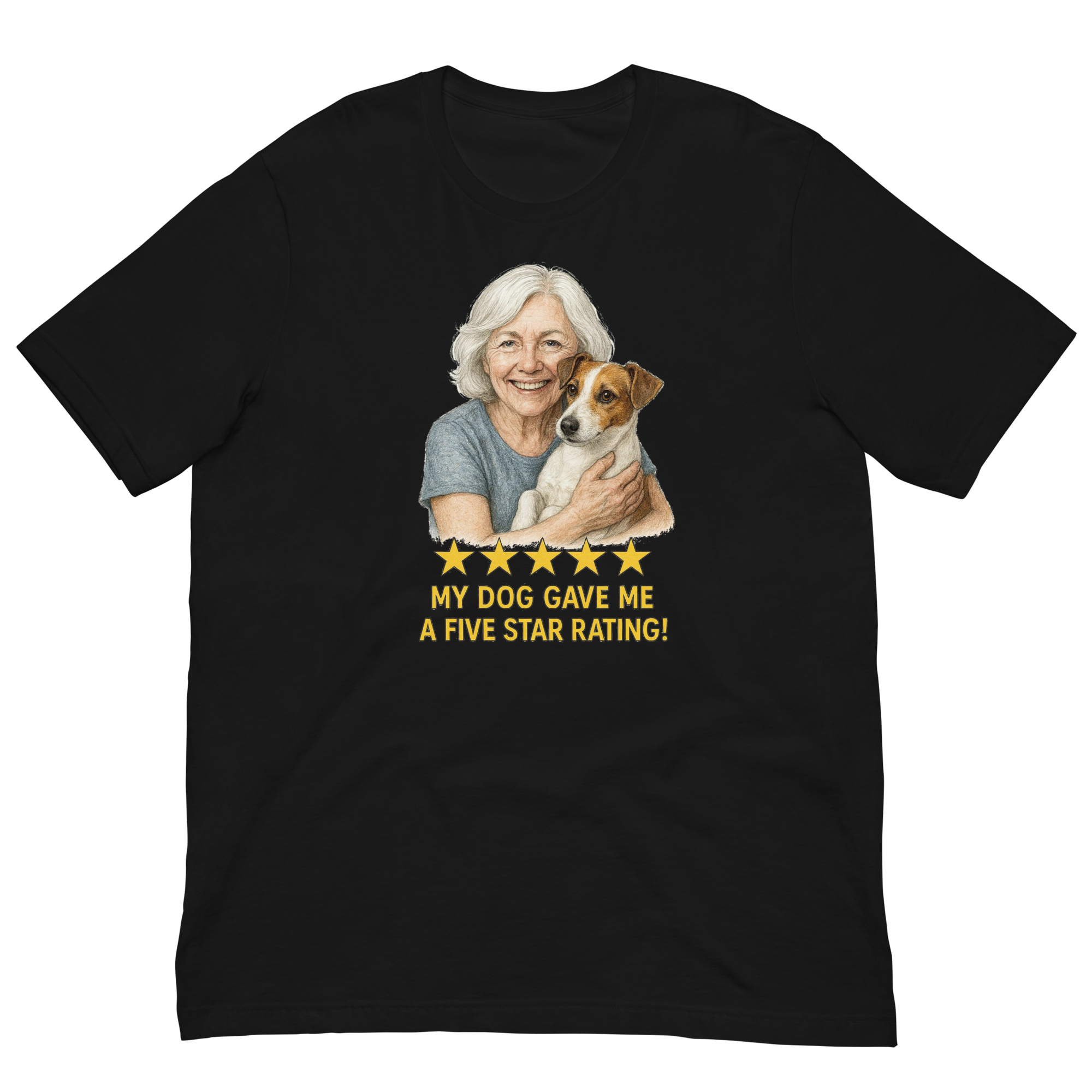 White Hair Woman with Jack Russell Terrier graphic tee.