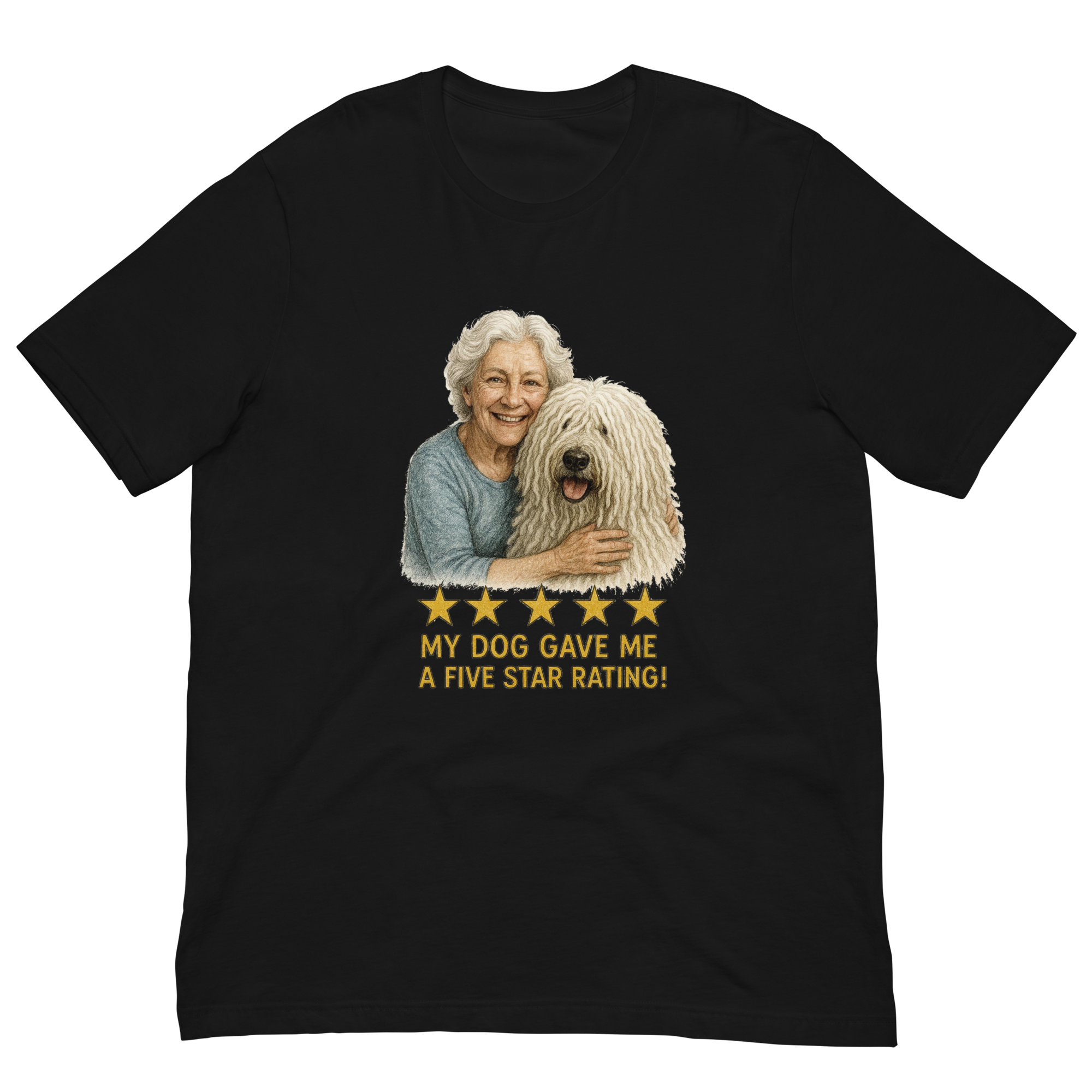 White Hair Woman with Komondor graphic tee.