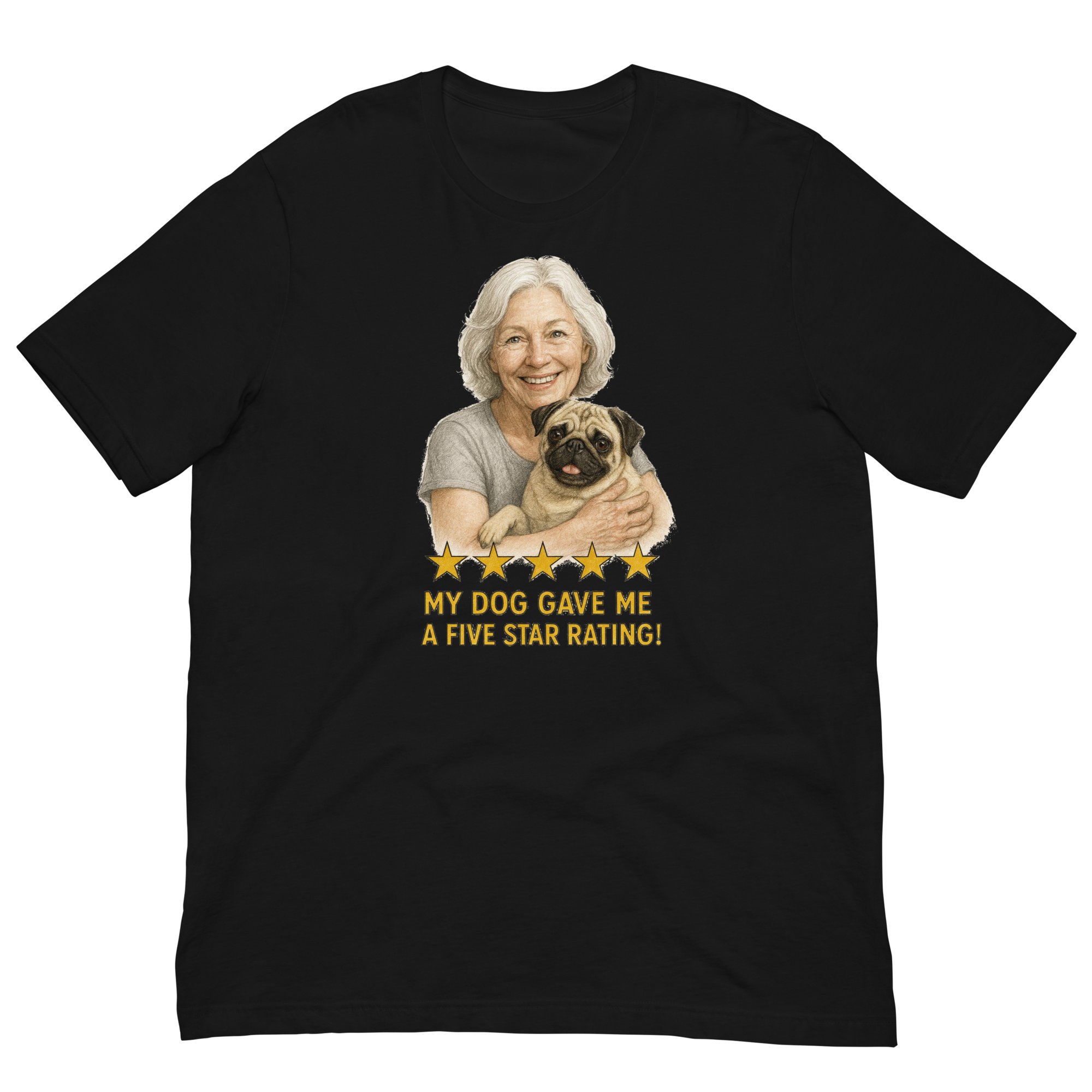 White Hair Woman with Pug graphic tee.