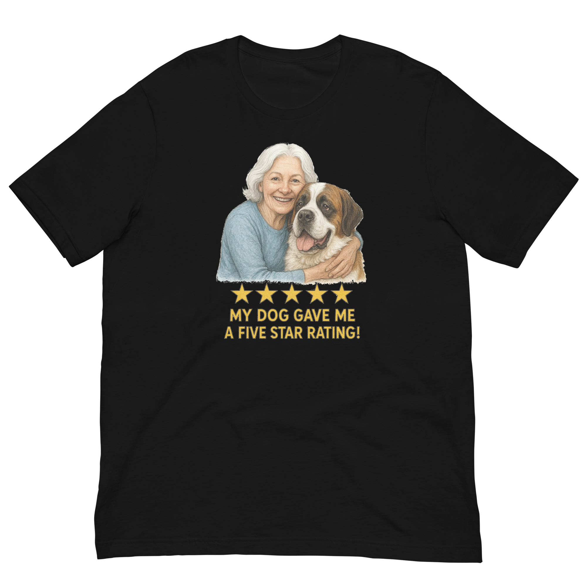White Hair Woman with Saint Bernard graphic tee.