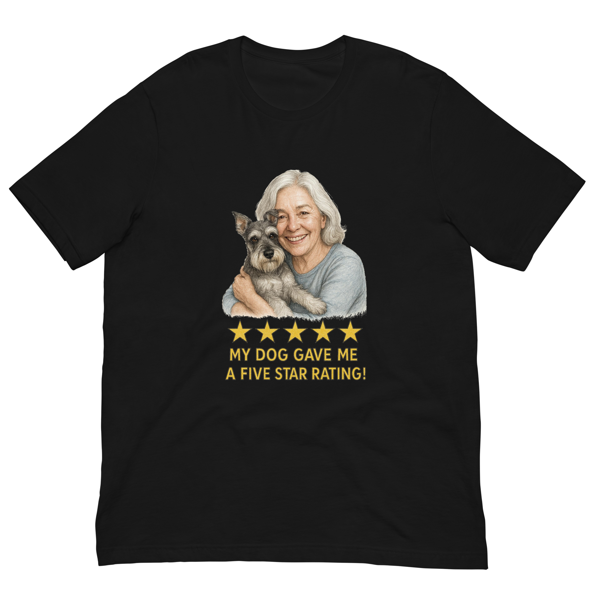 White Hair Woman with Schnauzer graphic tee.