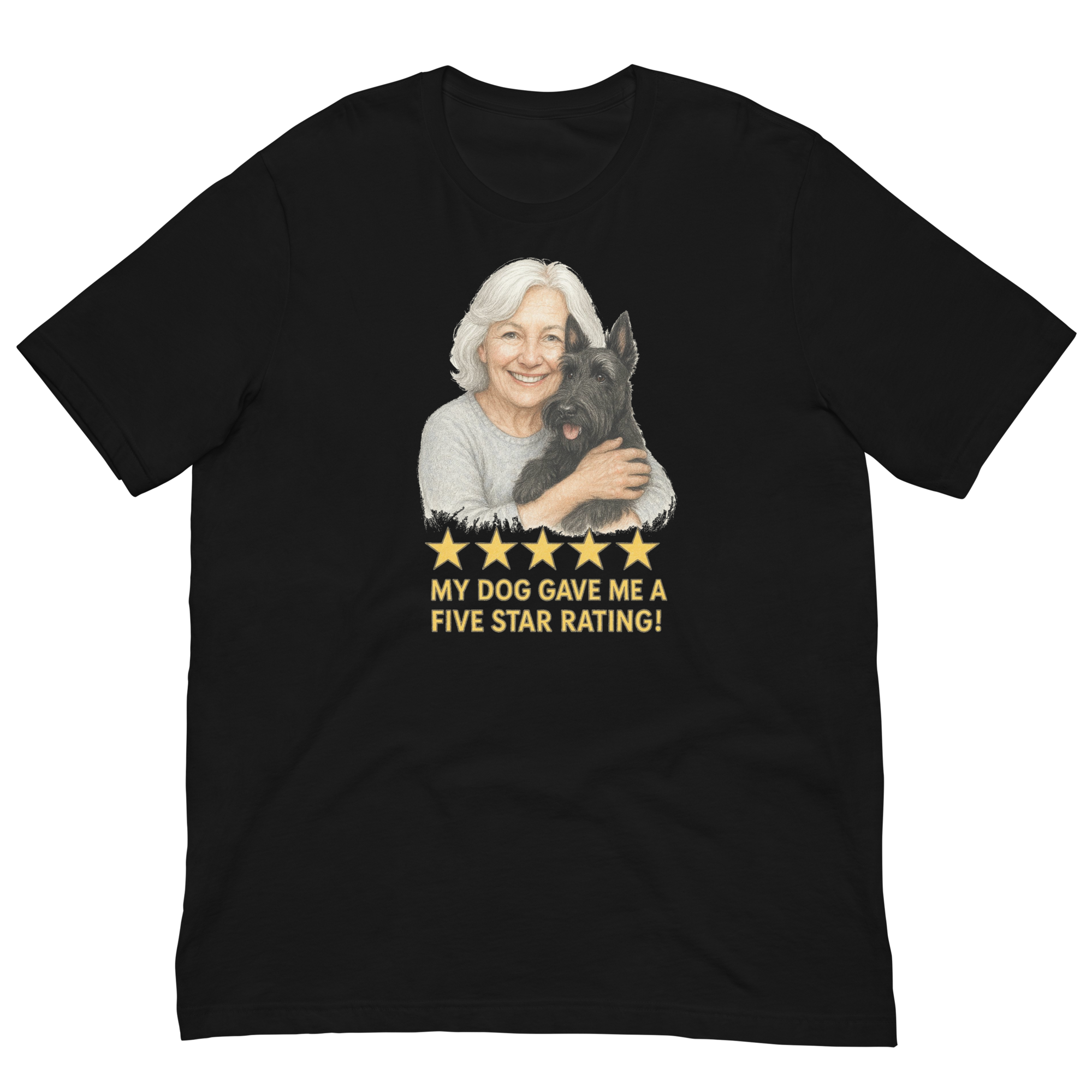 White Hair Woman with Scottie graphic tee.