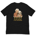 White Hair Woman with Sheepdog graphic tee.