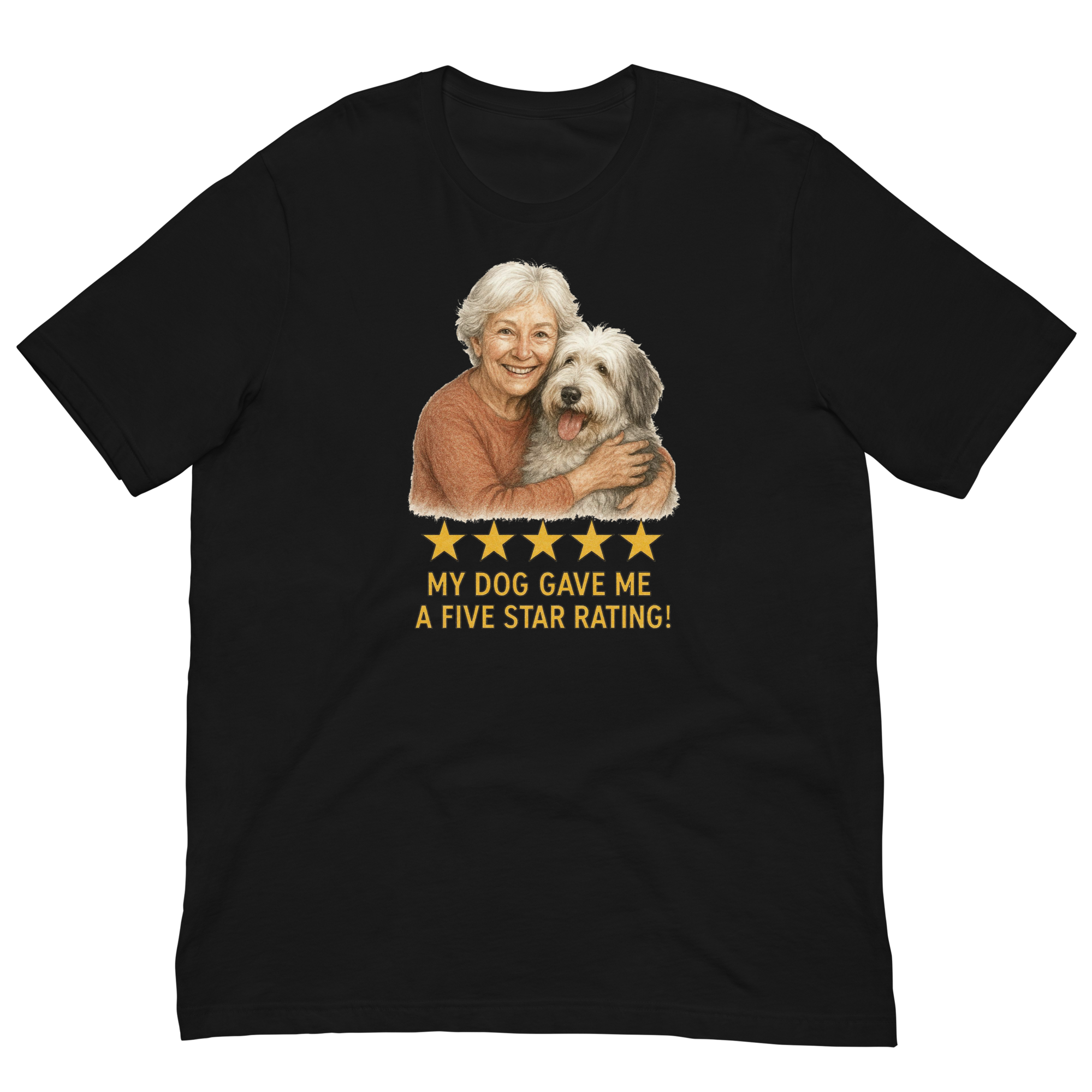 White Hair Woman with Sheepdog graphic tee.