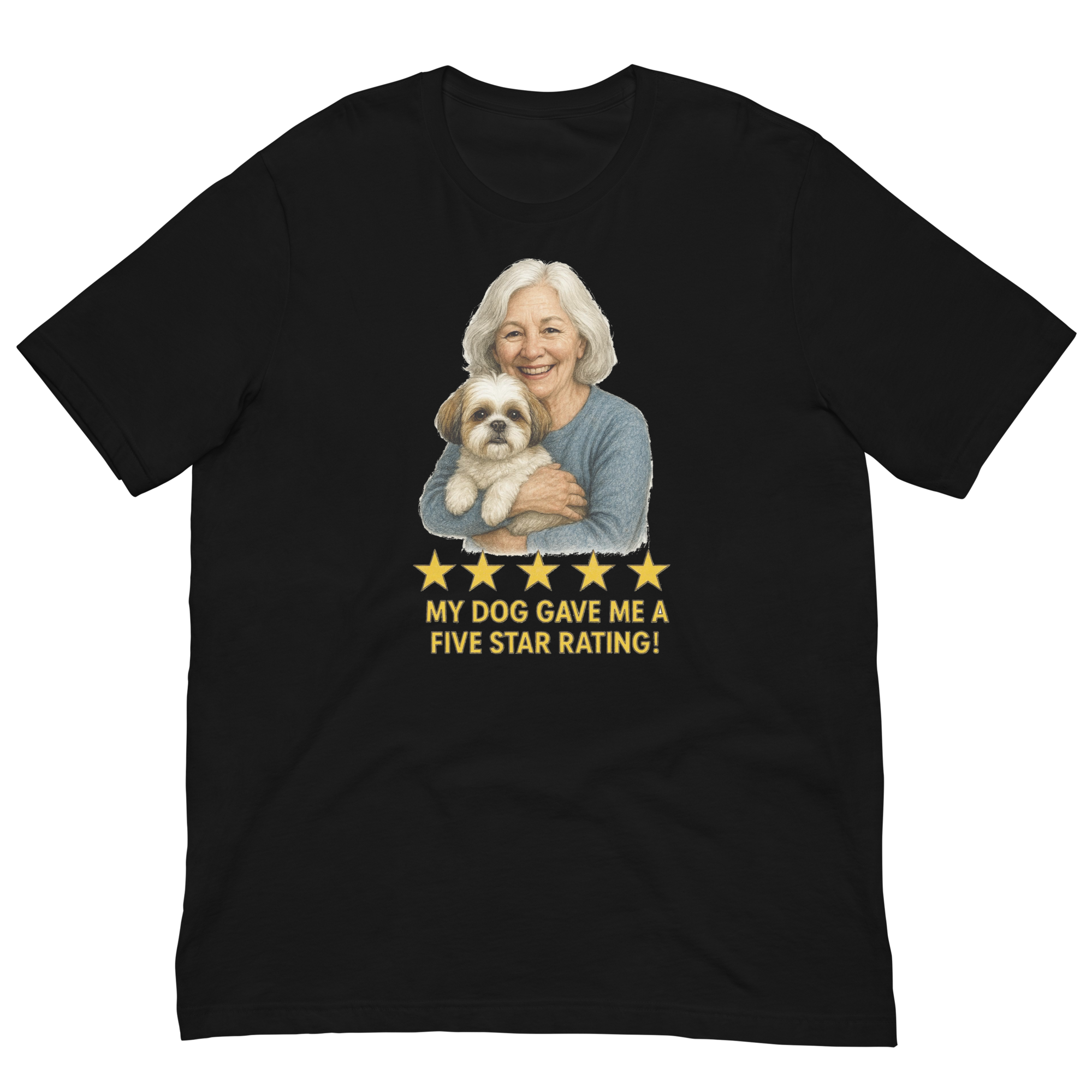 White Hair Woman with Shih Tzu graphic tee.