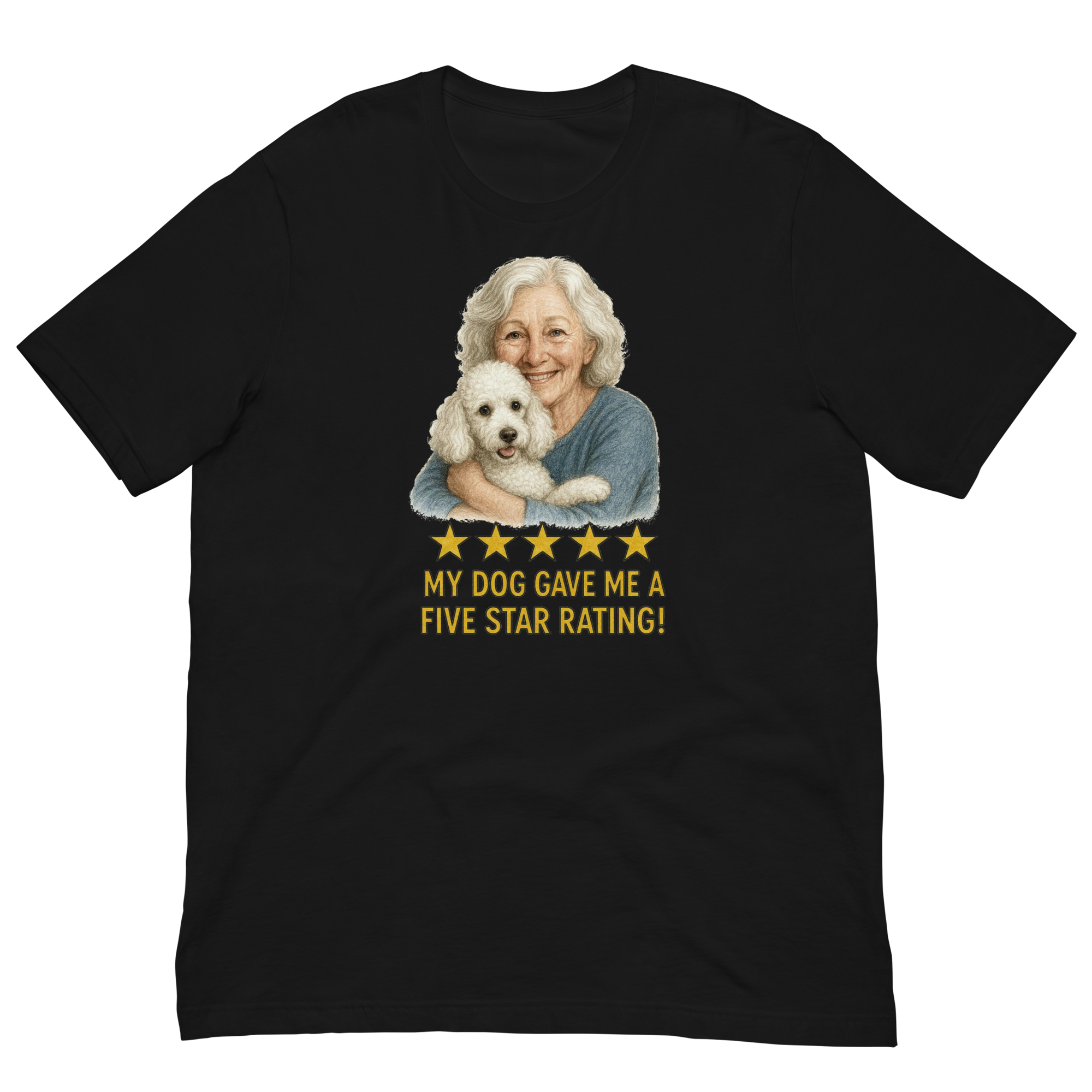 White Hair Woman with White Poodle graphic tee.