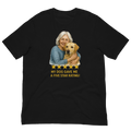 White Hair Woman with Yellow Labrador graphic tee.