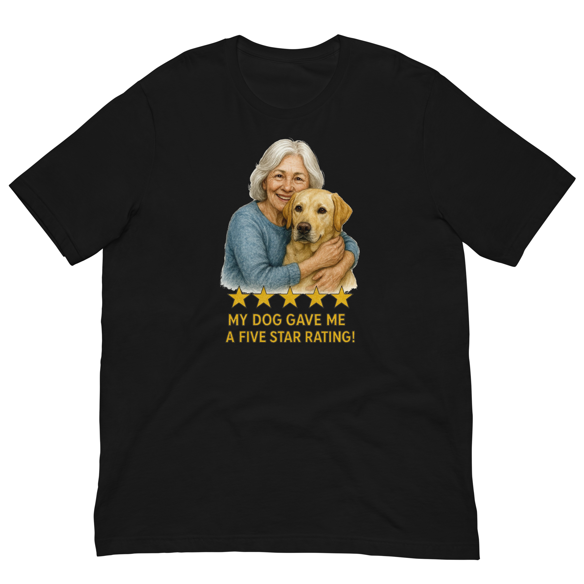 White Hair Woman with Yellow Labrador graphic tee.