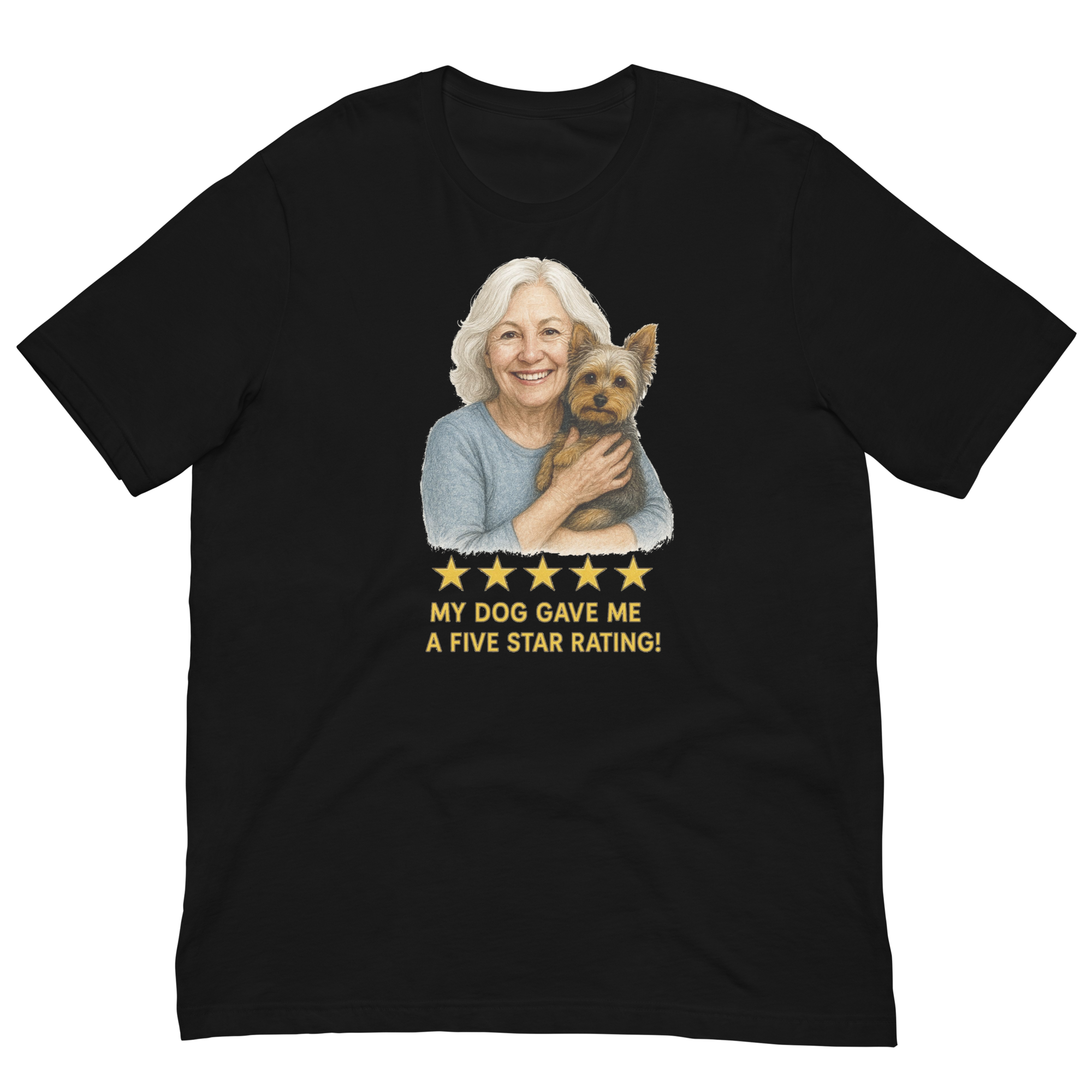 White Hair Woman with Yorkie graphic tee.