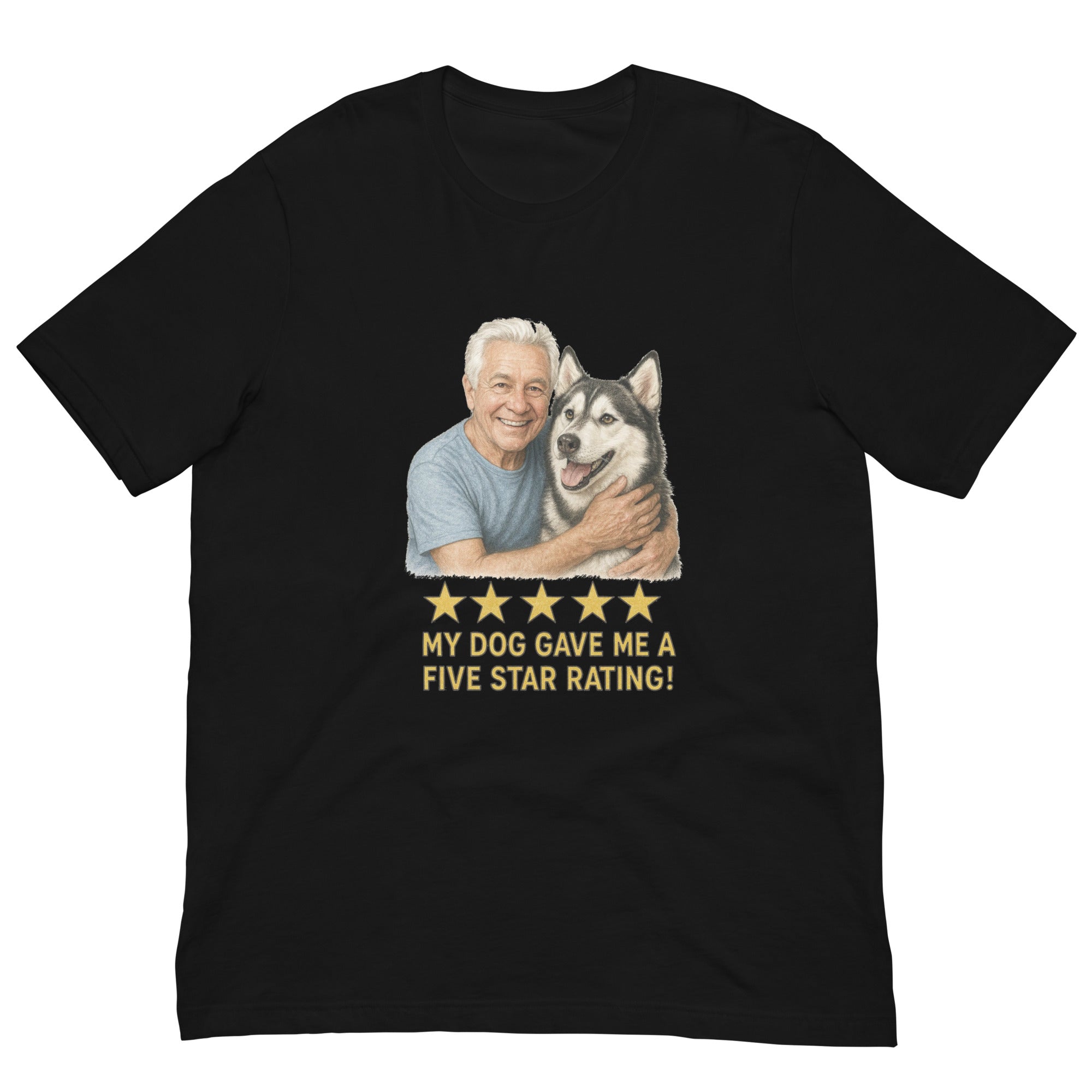 White Hair Man with Alaskan Husky graphic tee.