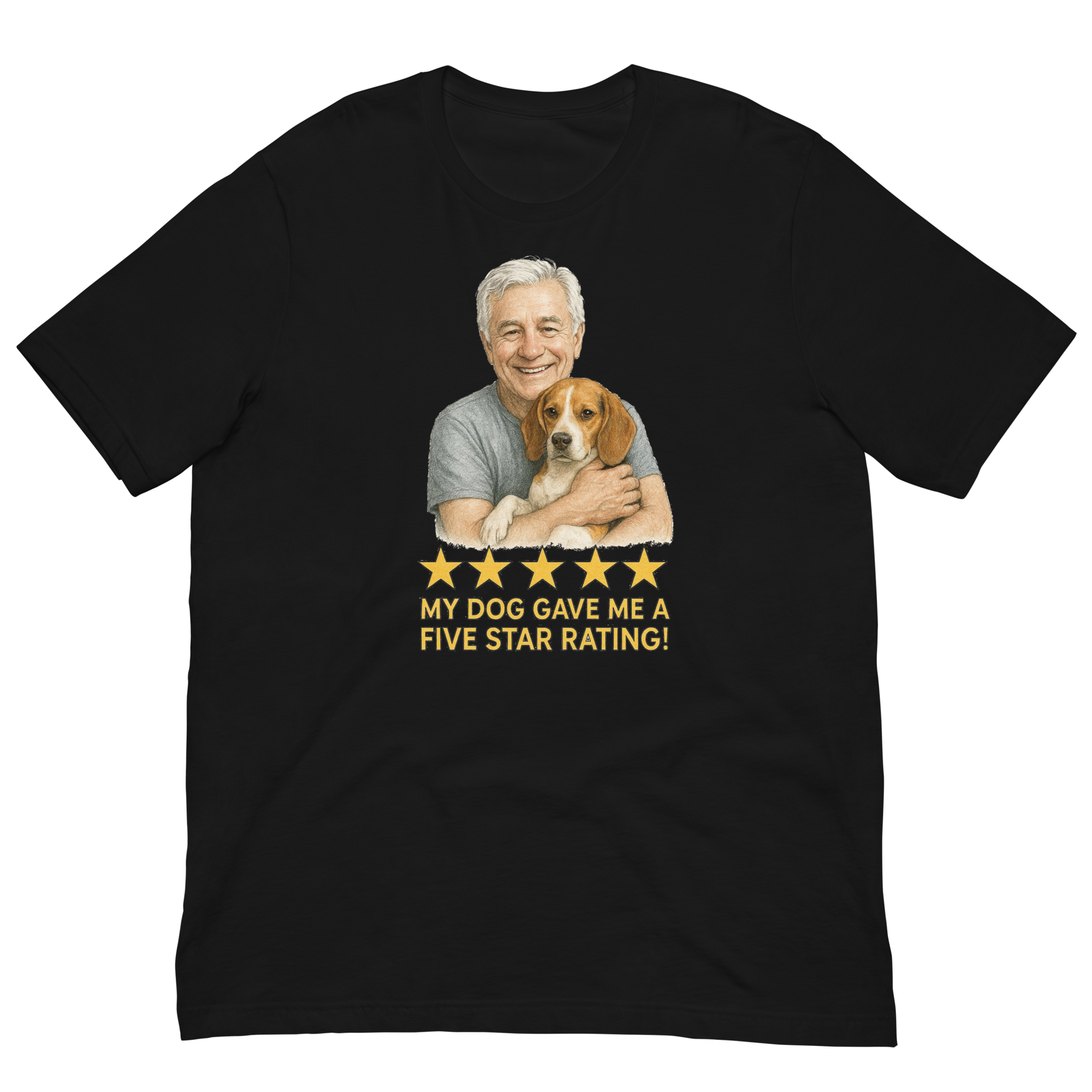 White Hair Man with Beagle graphic tee.