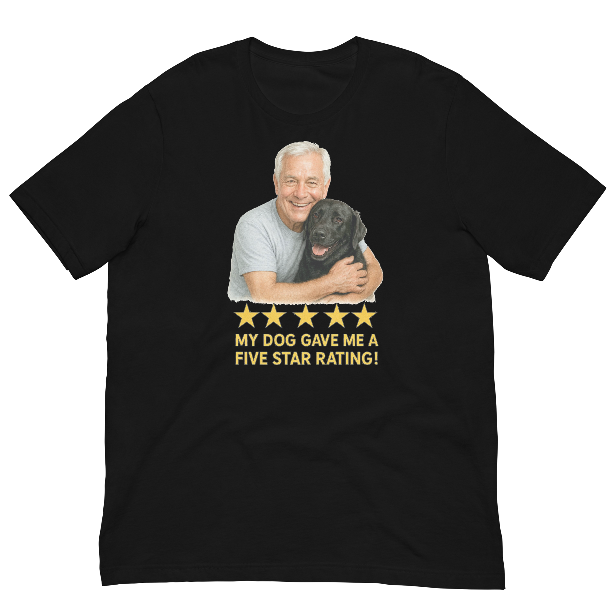 White Hair Man with Black Labrador graphic tee.