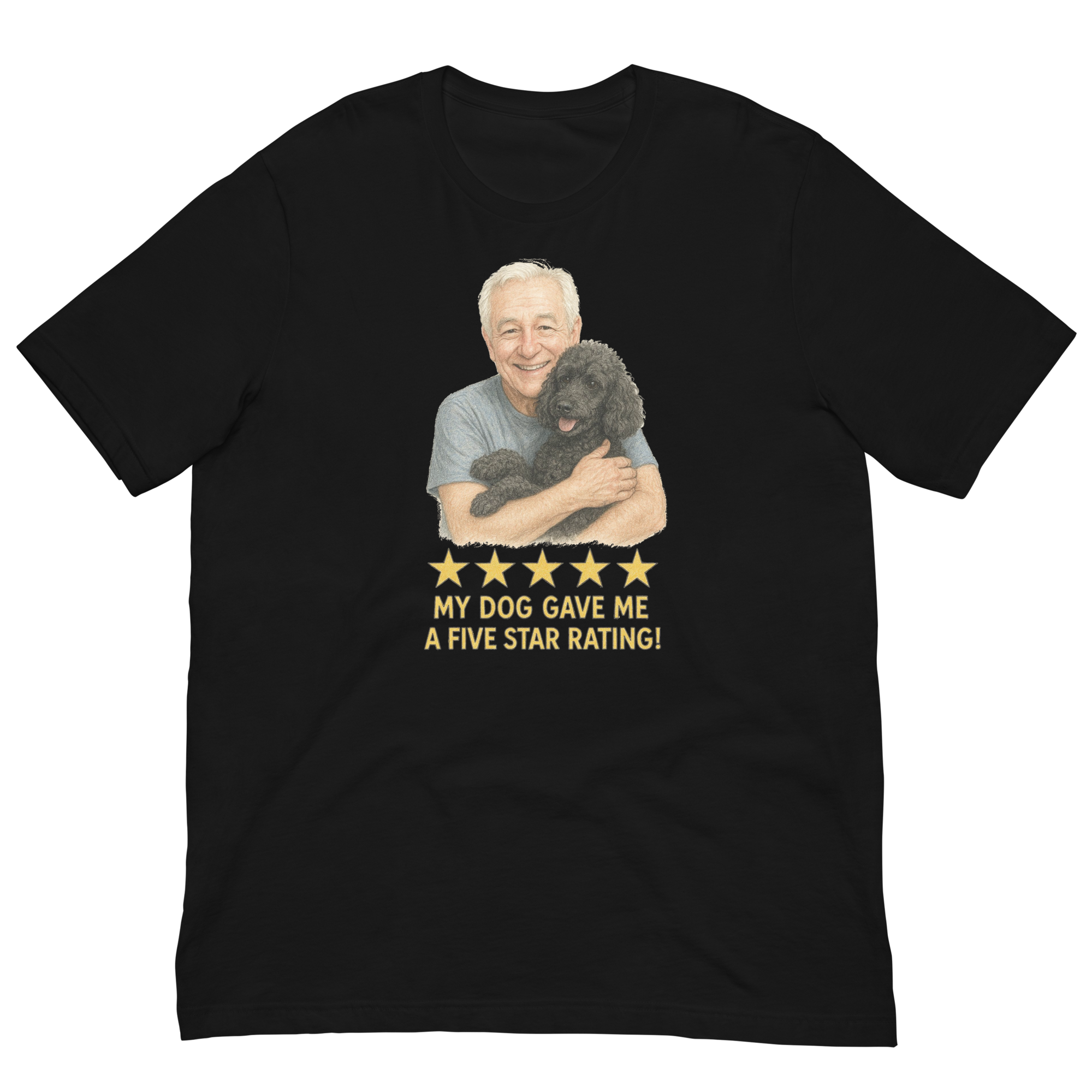 White Hair Man with Black Poodle graphic tee.
