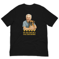 White Hair Man with Boxer graphic tee.