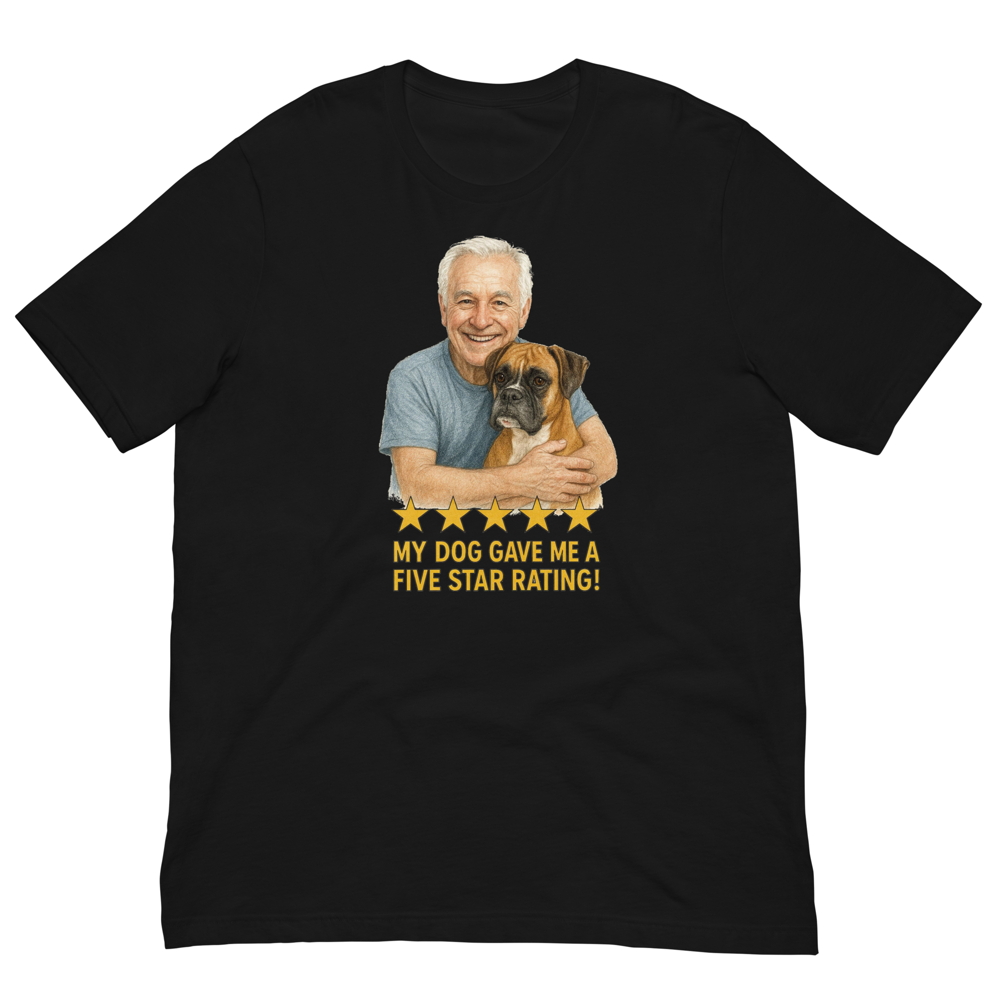 White Hair Man with Boxer graphic tee.