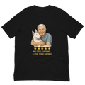 White Hair Man with Bull Terrier graphic tee.
