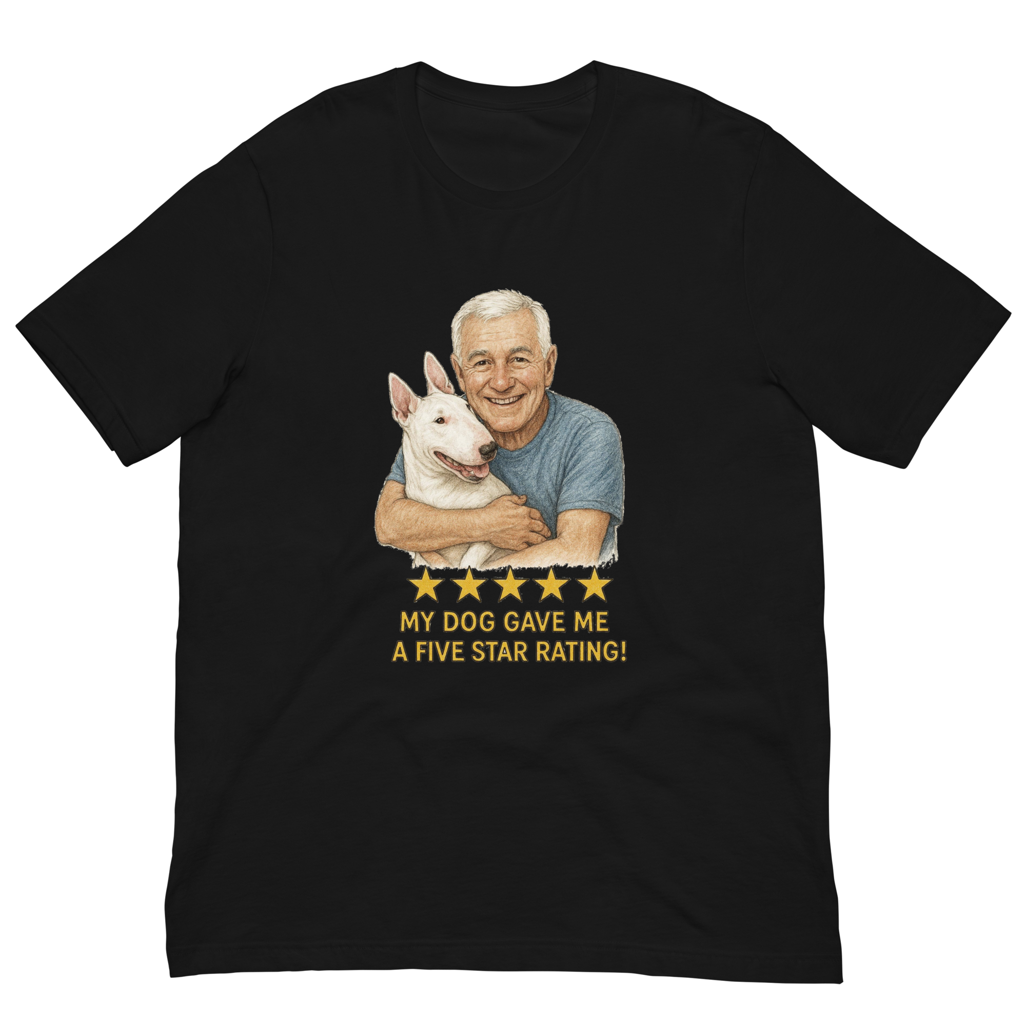 White Hair Man with Bull Terrier graphic tee.