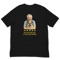 White Hair Man with Bulldog graphic tee.