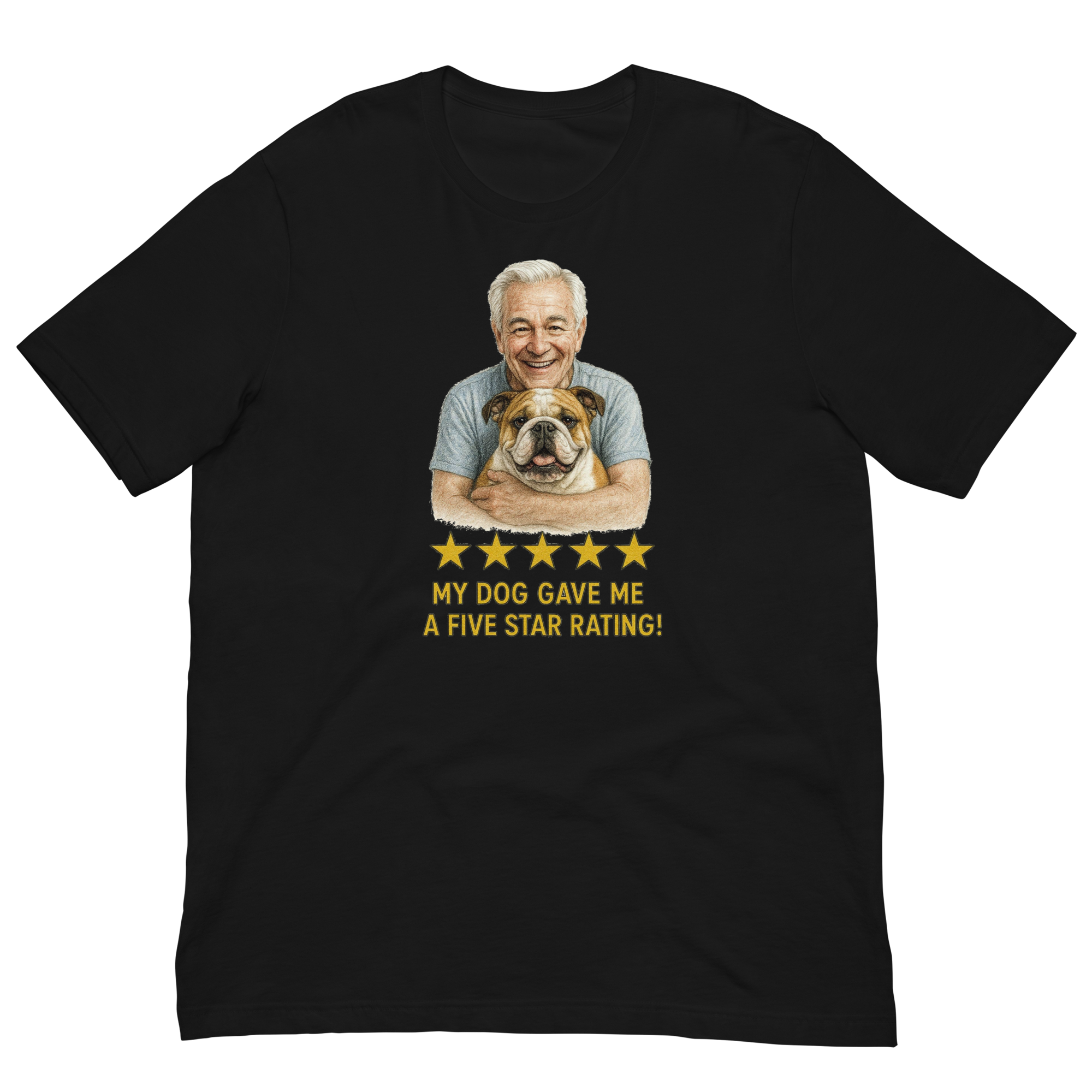 White Hair Man with Bulldog graphic tee.