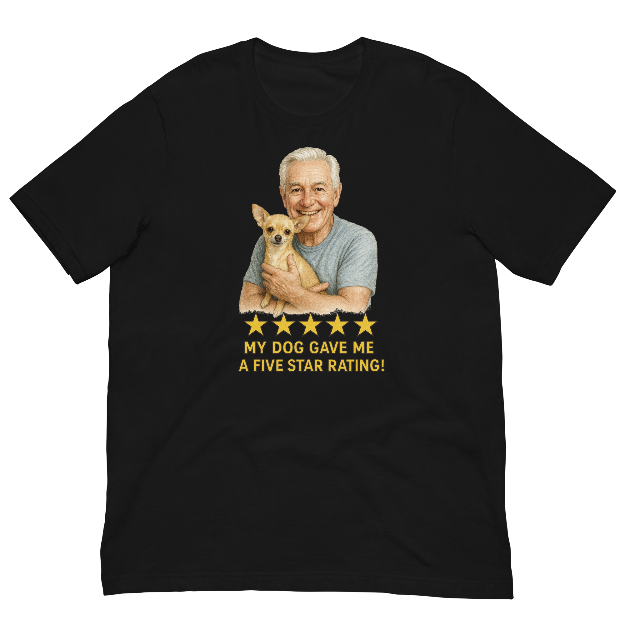 White Hair Man with Chihuahua graphic tee.